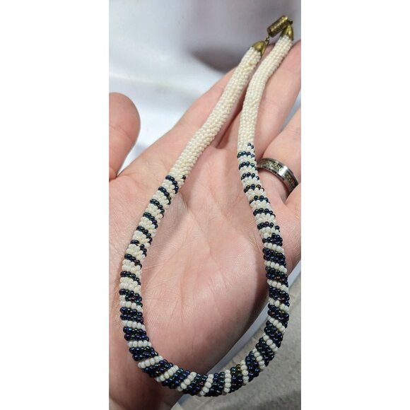 Vintage Handmade White And Blue/Black Beaded Rope Necklace - Picture 3 of 6